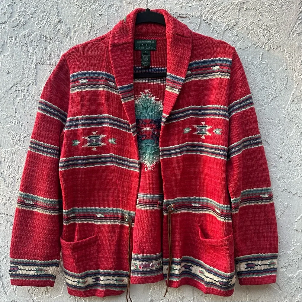 RALPH LAUREN Cardigan Sweater Women Small Indian Southwestern Aztec Hand Knit
